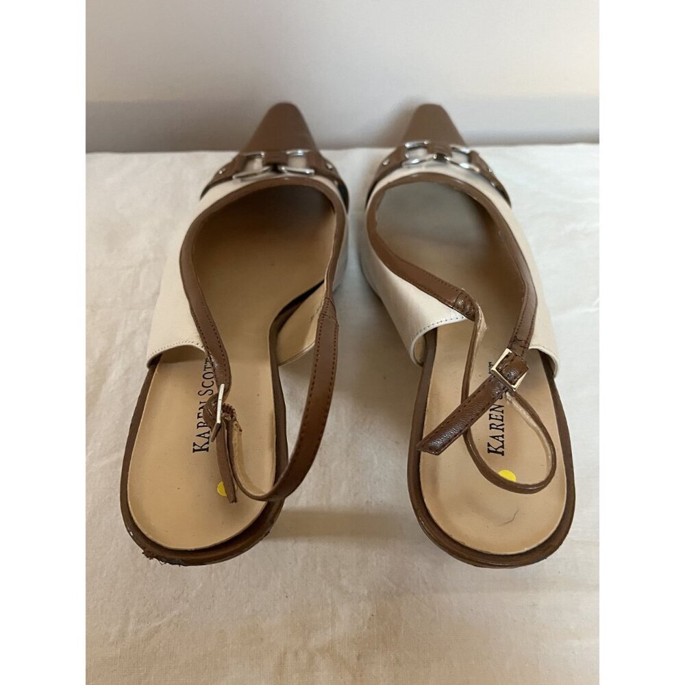 Y2K Vintage Leather Slingback Kitten Heel Spectator Pumps Cap Toe Brown White - Picture 10 of 11
